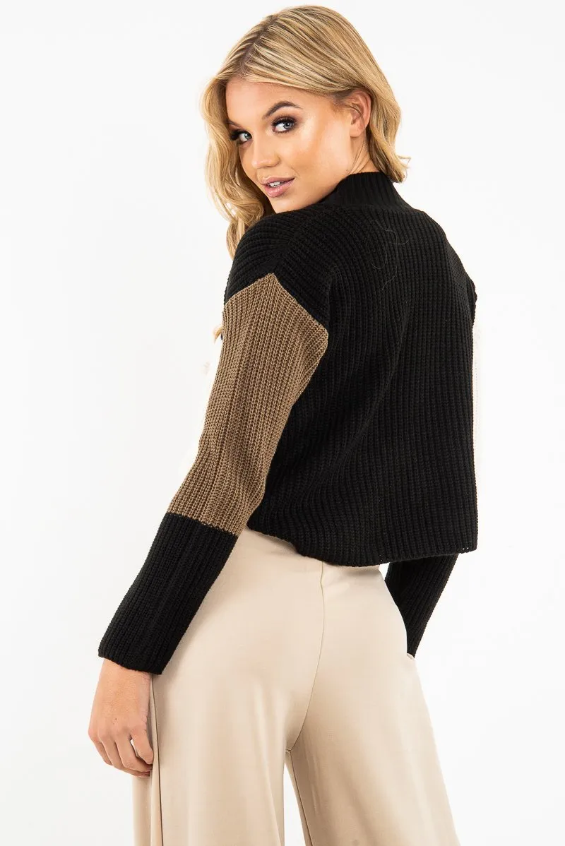 Black Colour Block Chunky Knit Jumper - Maebel