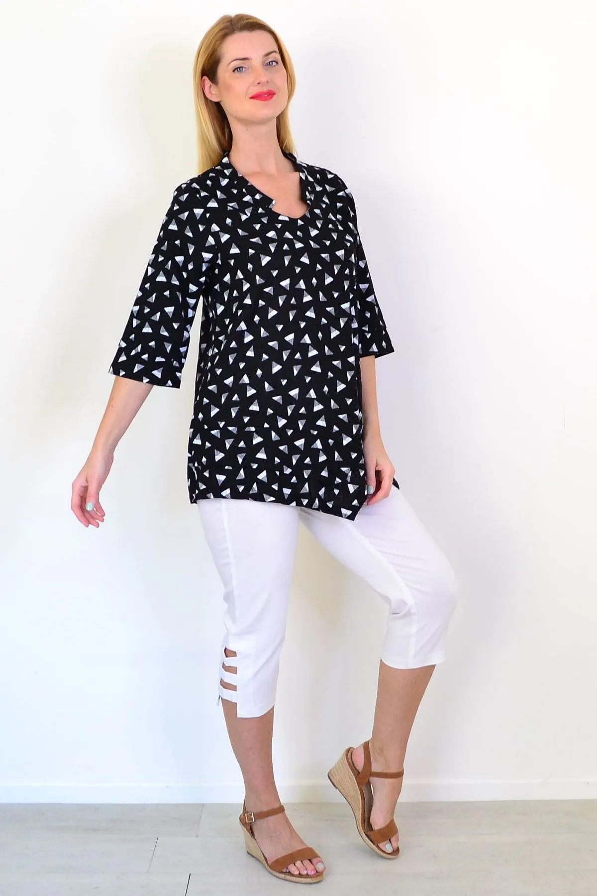 Black Grey Triangle Linen Blend Tunic Top