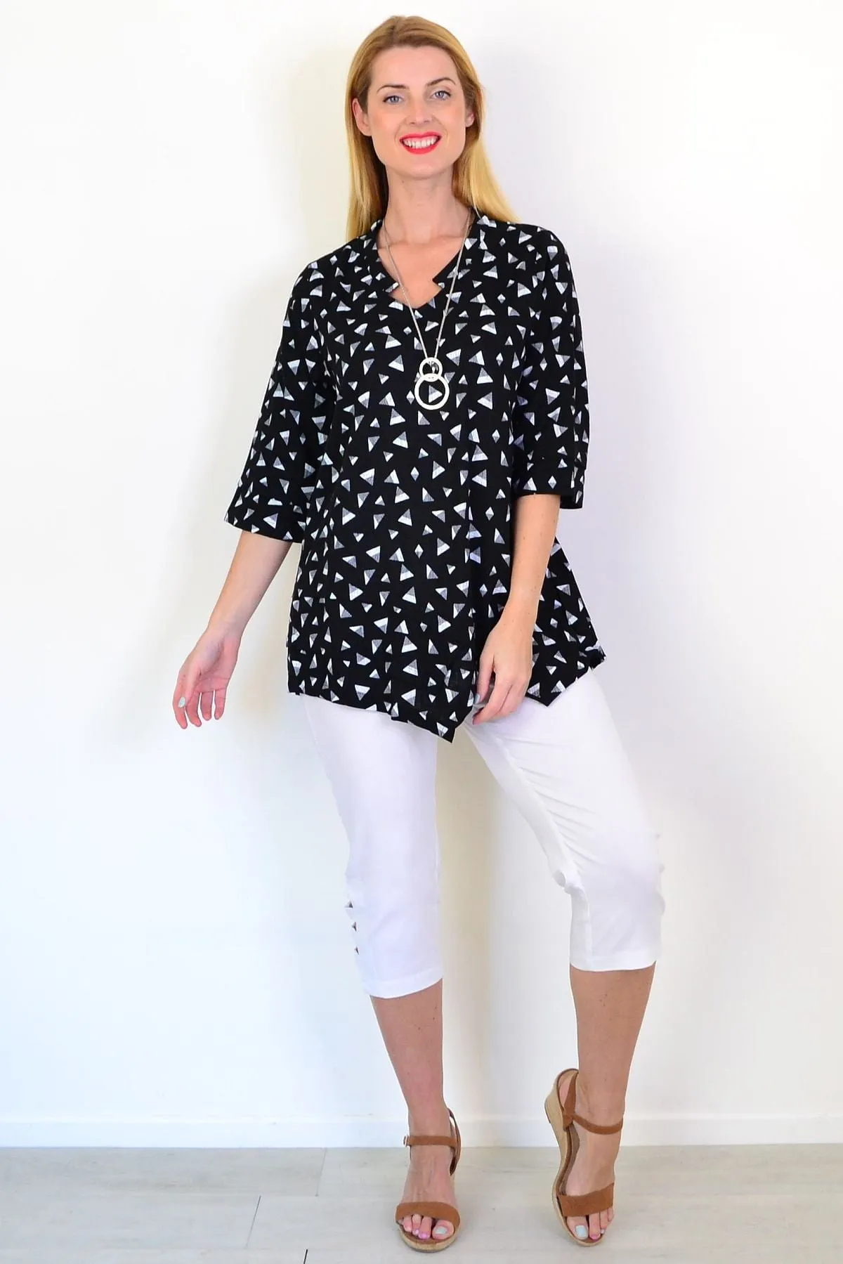 Black Grey Triangle Linen Blend Tunic Top