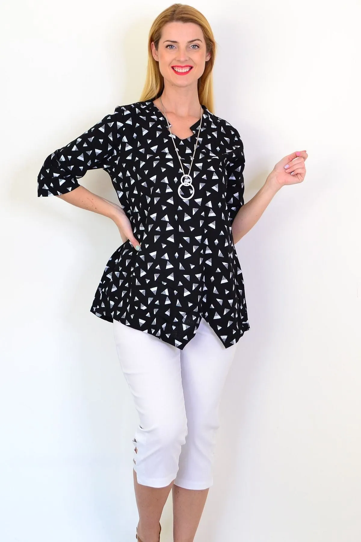 Black Grey Triangle Linen Blend Tunic Top