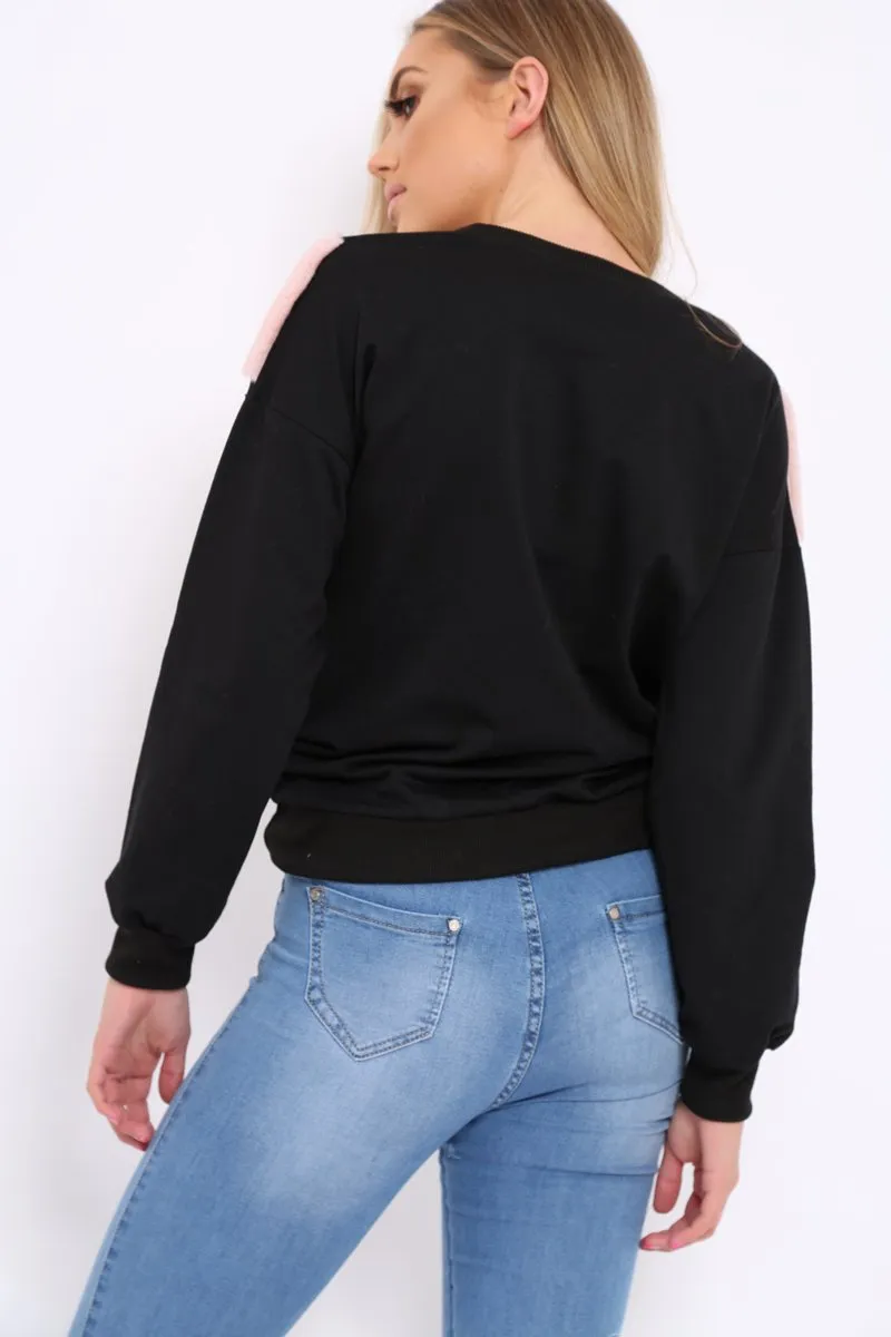 Black Jumper with Fur and Pearl Front - Annita