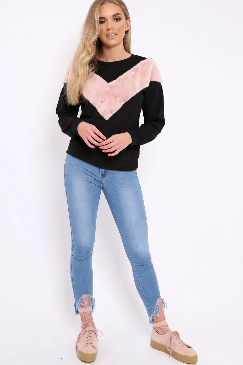 Black Jumper with Fur and Pearl Front - Annita