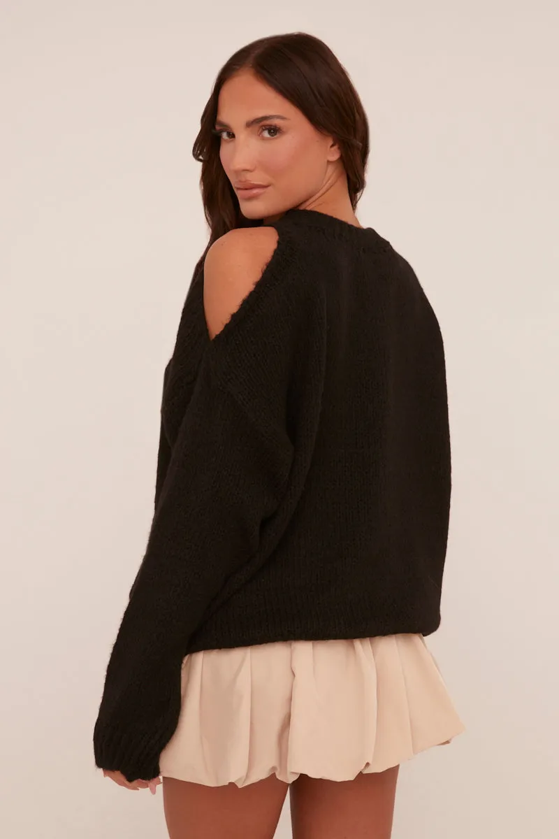 Black Knit Contrast Stitch Round Neck Oversized Jumper - Oreta