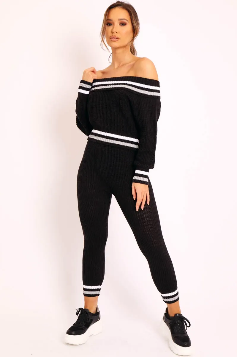 Black Knitted Bardot Jumper Legging Loungewear Co-ord - Neala