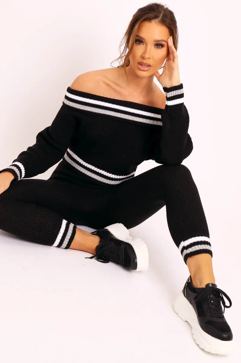 Black Knitted Bardot Jumper Legging Loungewear Co-ord - Neala