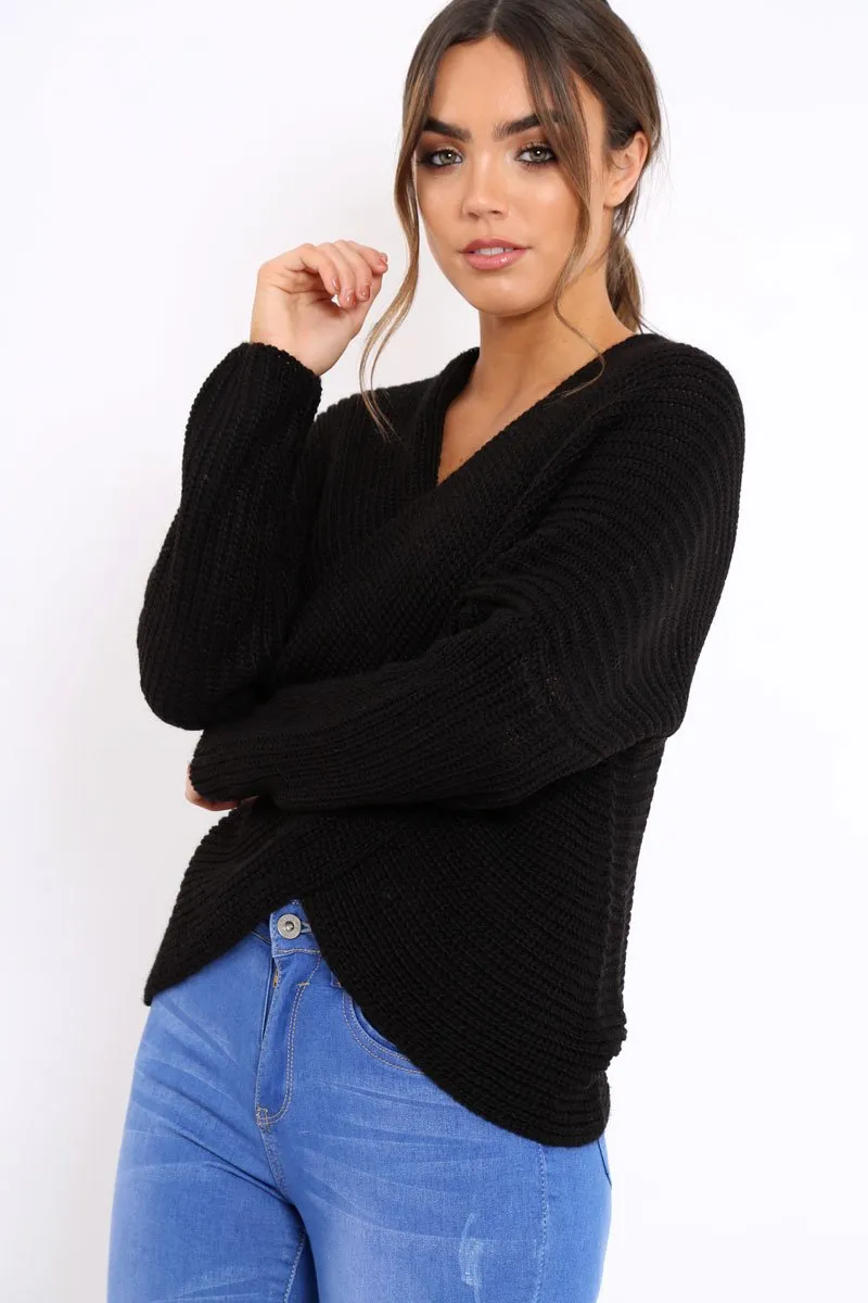 Black Wrap Front Cable Knit Jumper - Melia