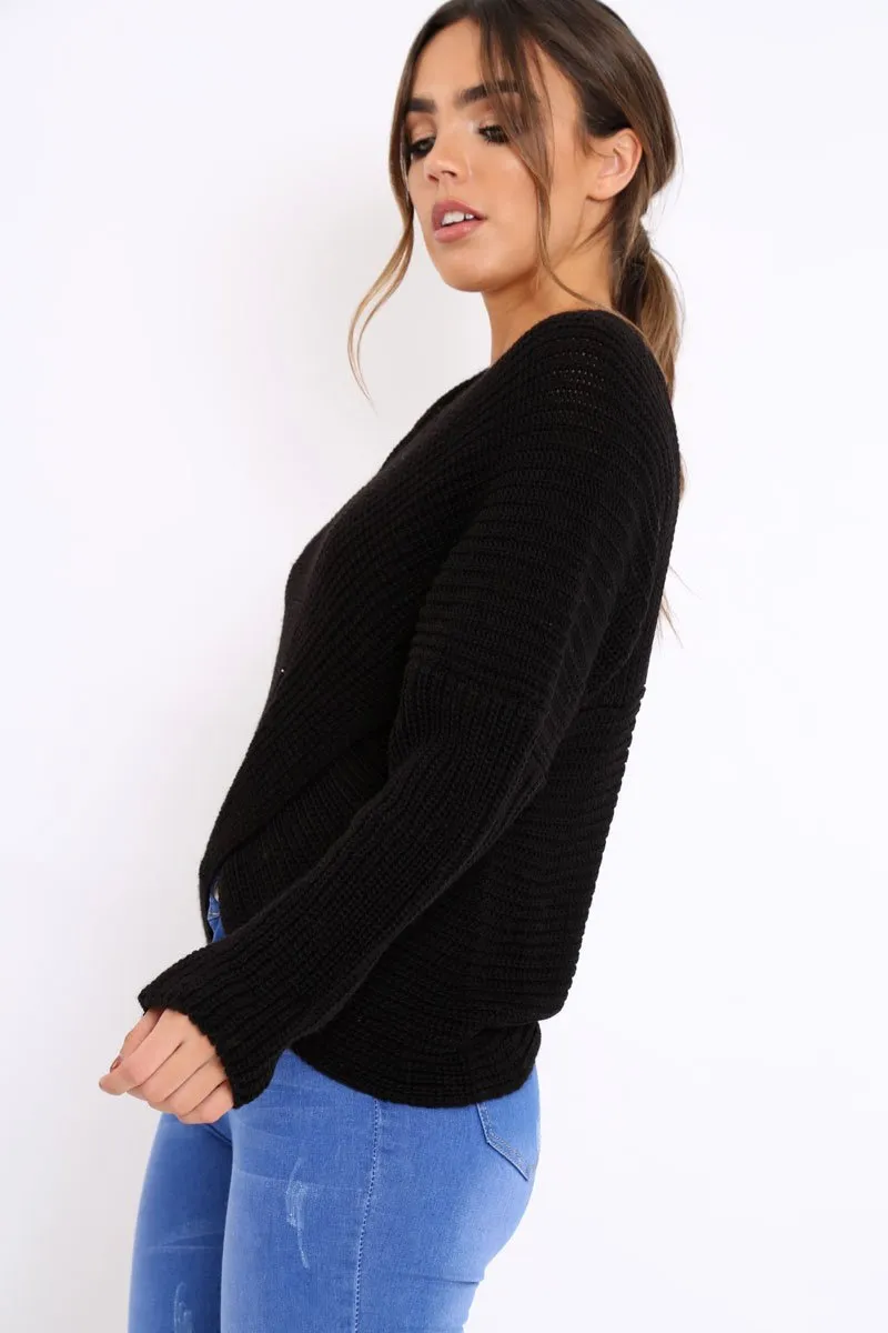 Black Wrap Front Cable Knit Jumper - Melia