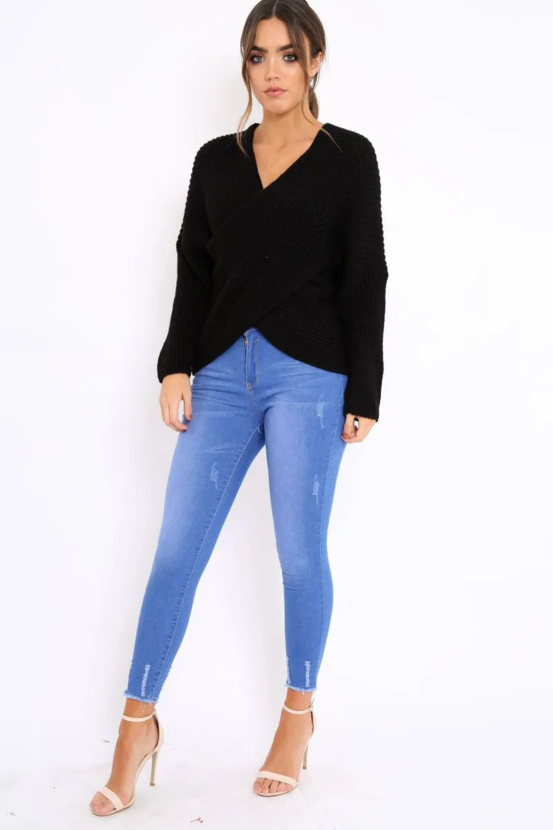 Black Wrap Front Cable Knit Jumper - Melia