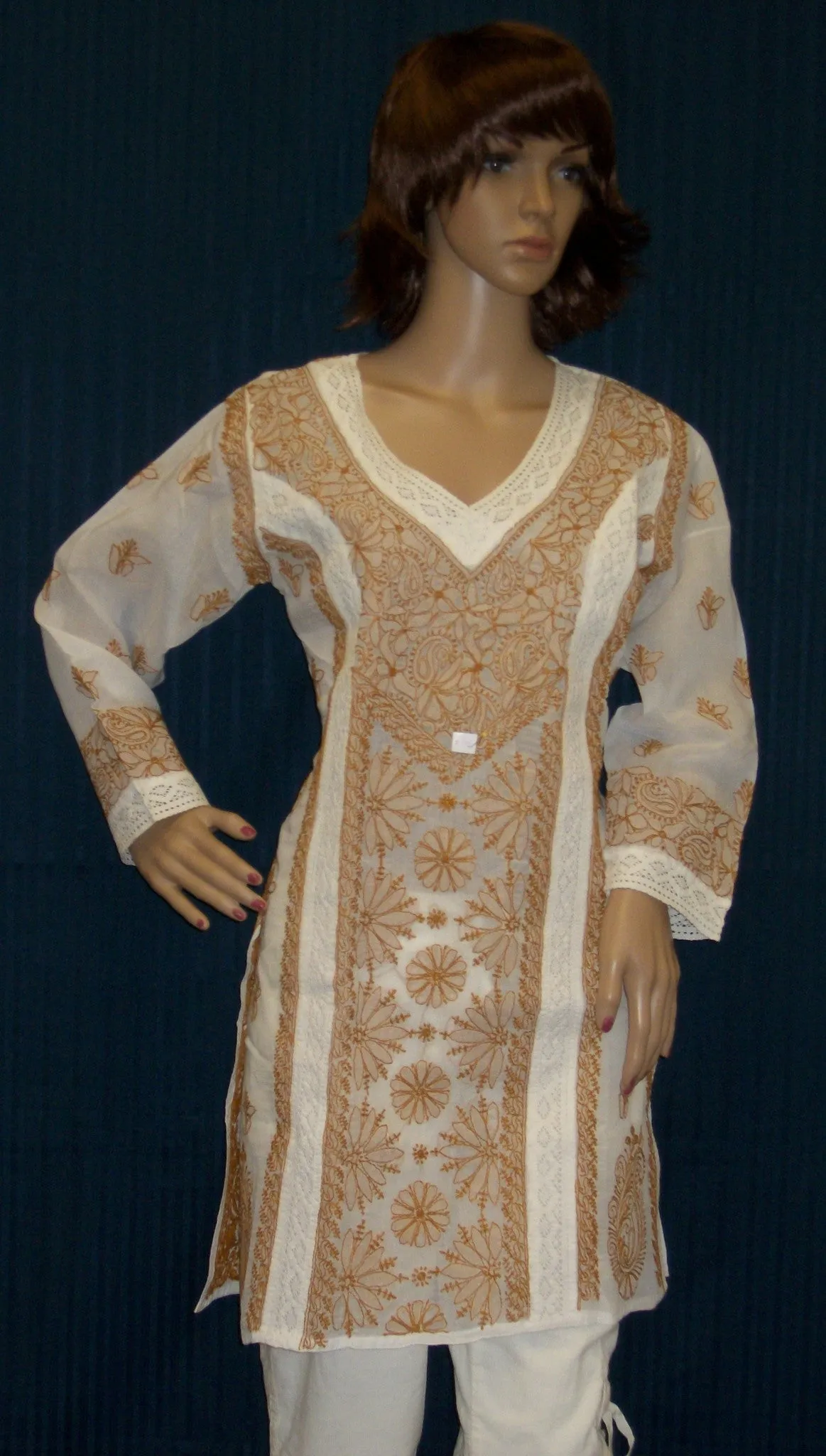 Blouse 045 Cotton White Hand Embroidered Medium Size Tunic Top Kurti Shieno