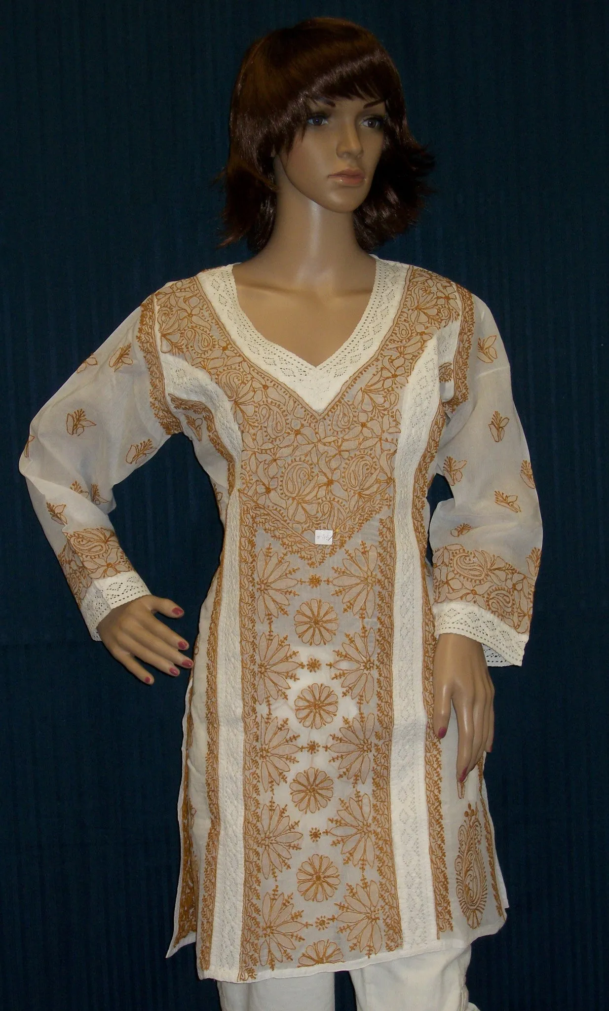 Blouse 045 Cotton White Hand Embroidered Medium Size Tunic Top Kurti Shieno