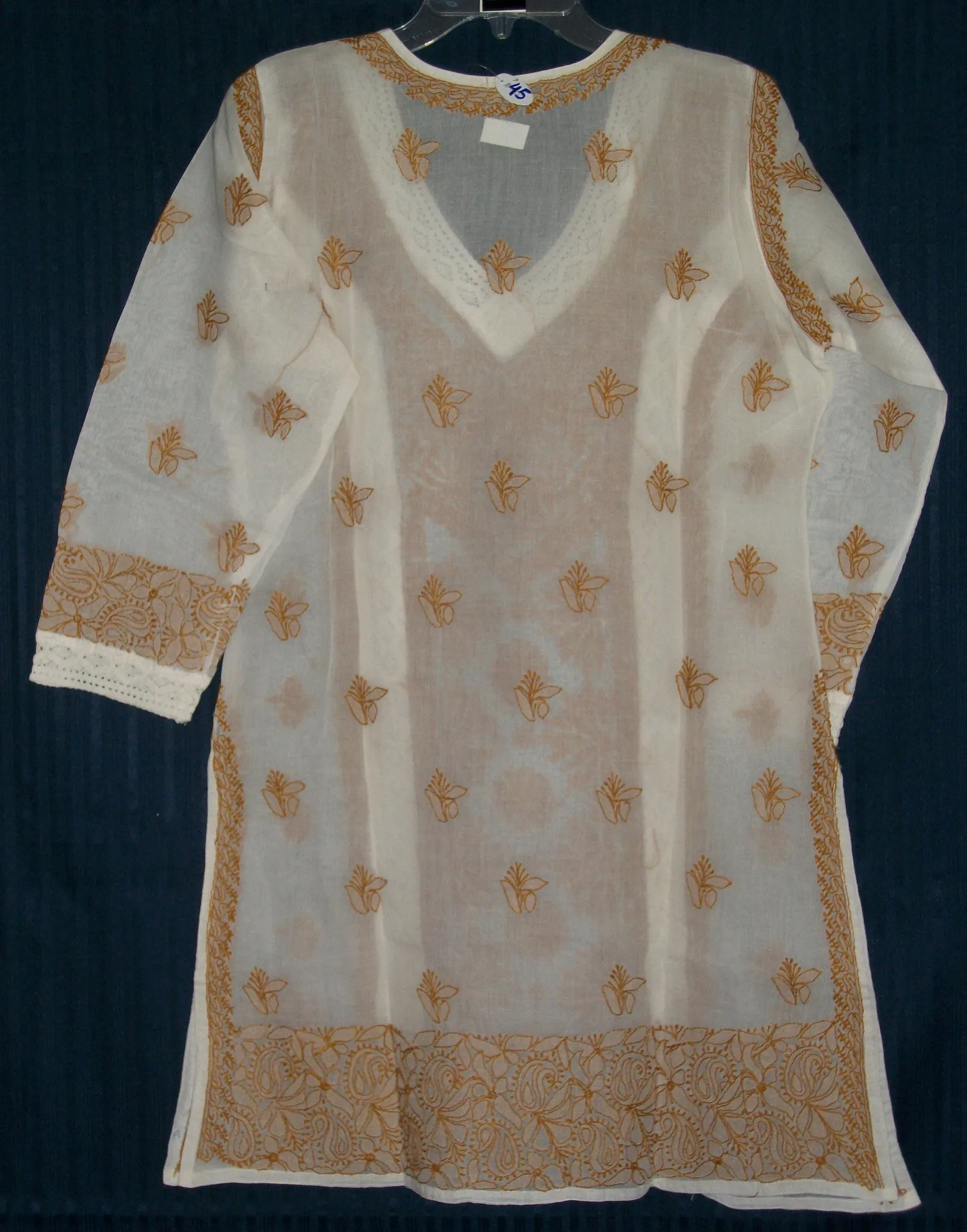 Blouse 045 Cotton White Hand Embroidered Medium Size Tunic Top Kurti Shieno