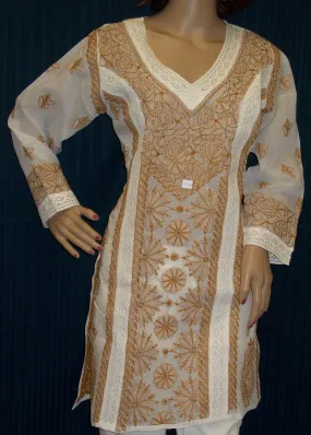 Blouse 045 Cotton White Hand Embroidered Medium Size Tunic Top Kurti Shieno