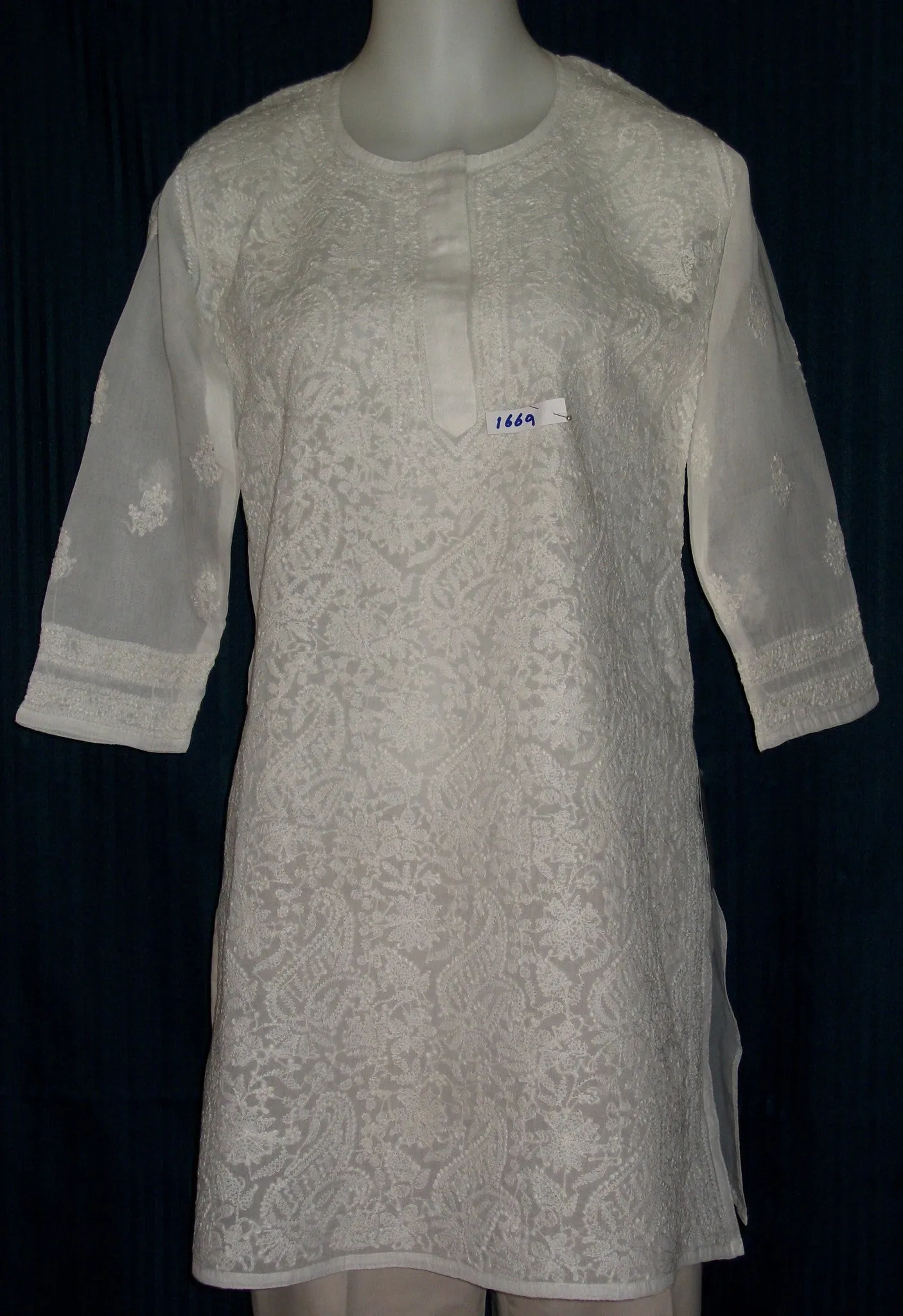 Blouse 1671 White Cotton Organdy Tunic Top (M) Shirt Kurti Shieno