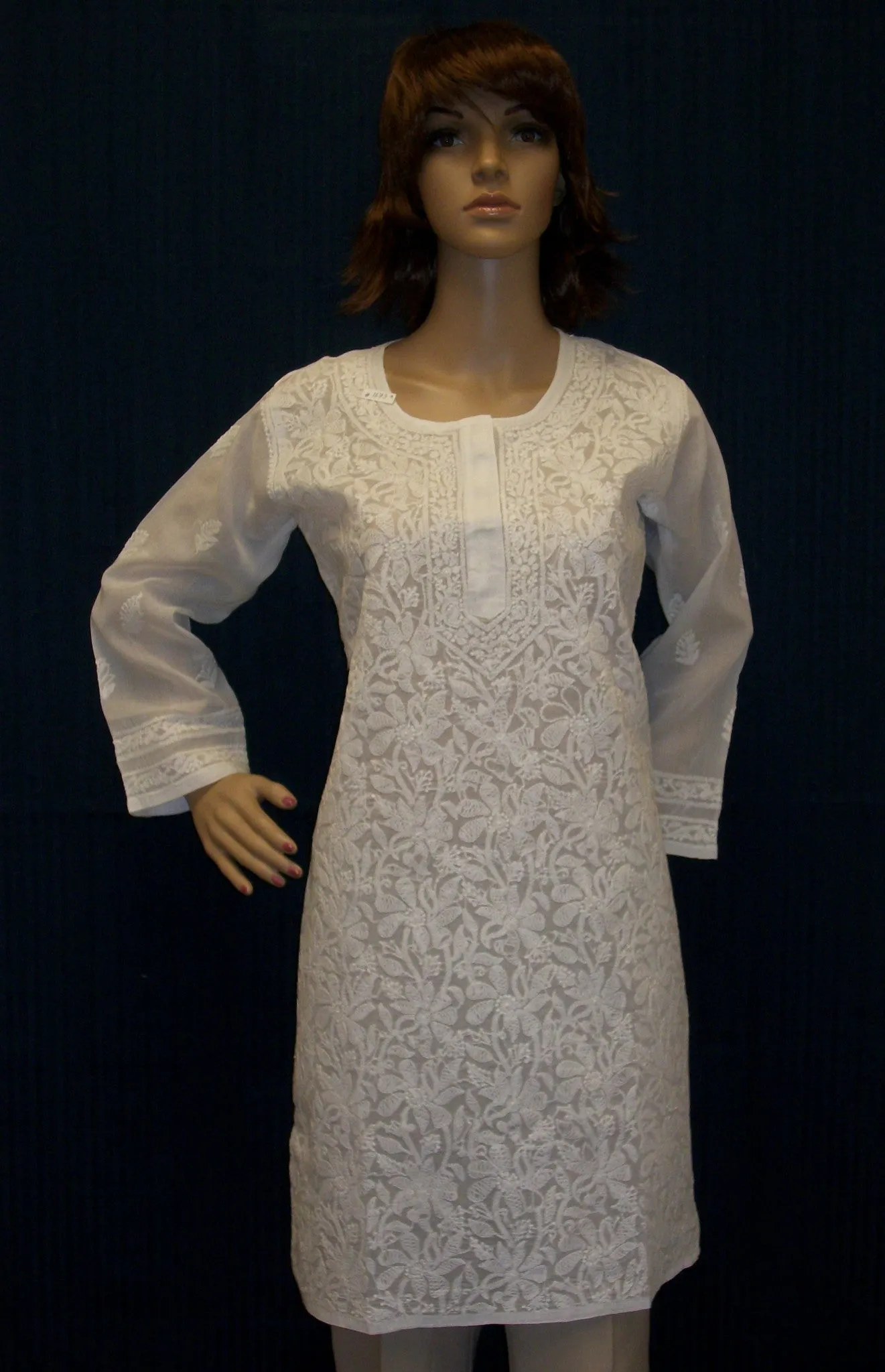 Blouse 1671 White Cotton Organdy Tunic Top (M) Shirt Kurti Shieno