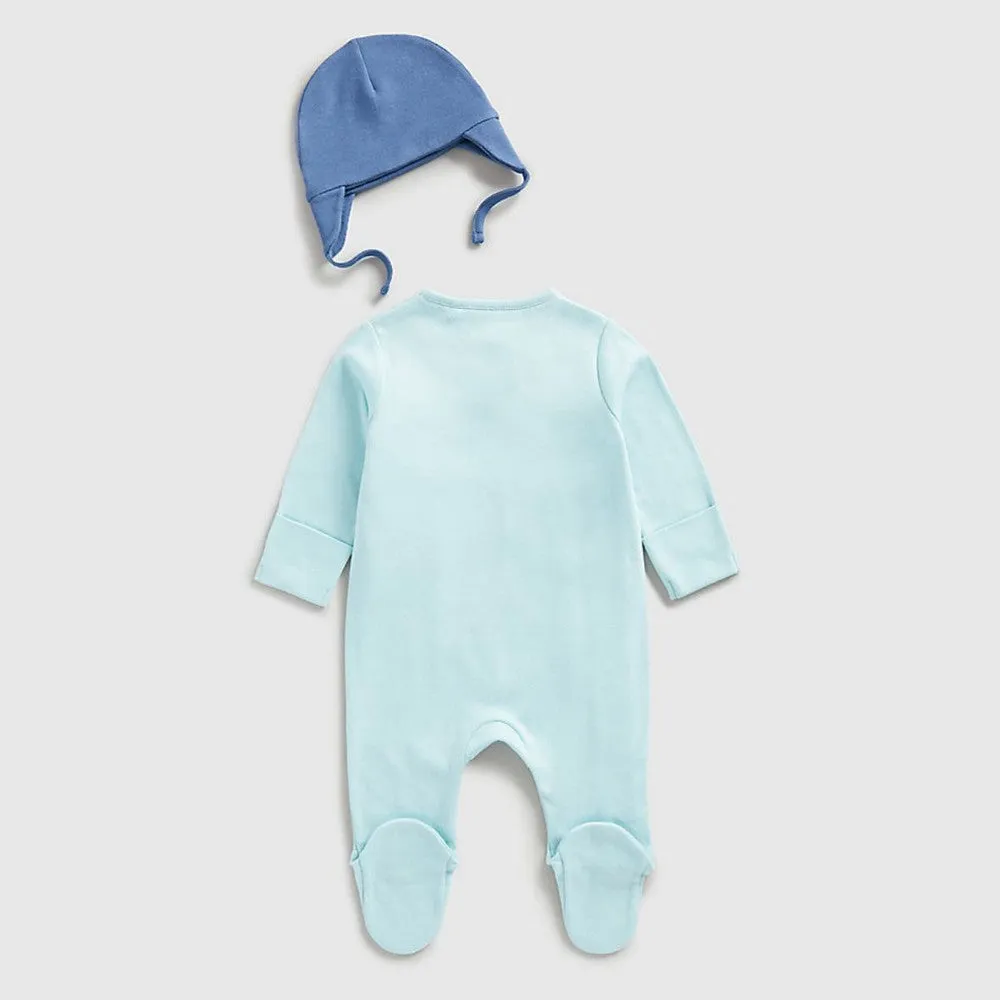 Blue Airplane Theme Full Sleeves Footsie With Embroidered Cap