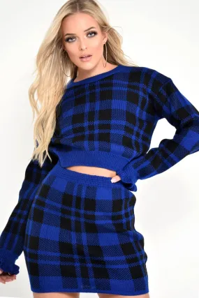 Blue Check Frill Cuff Knit Jumper - Lanelle