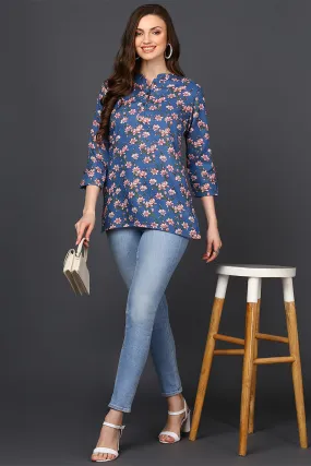 Blue Cotton Blend Floral Printed Straight Tunic