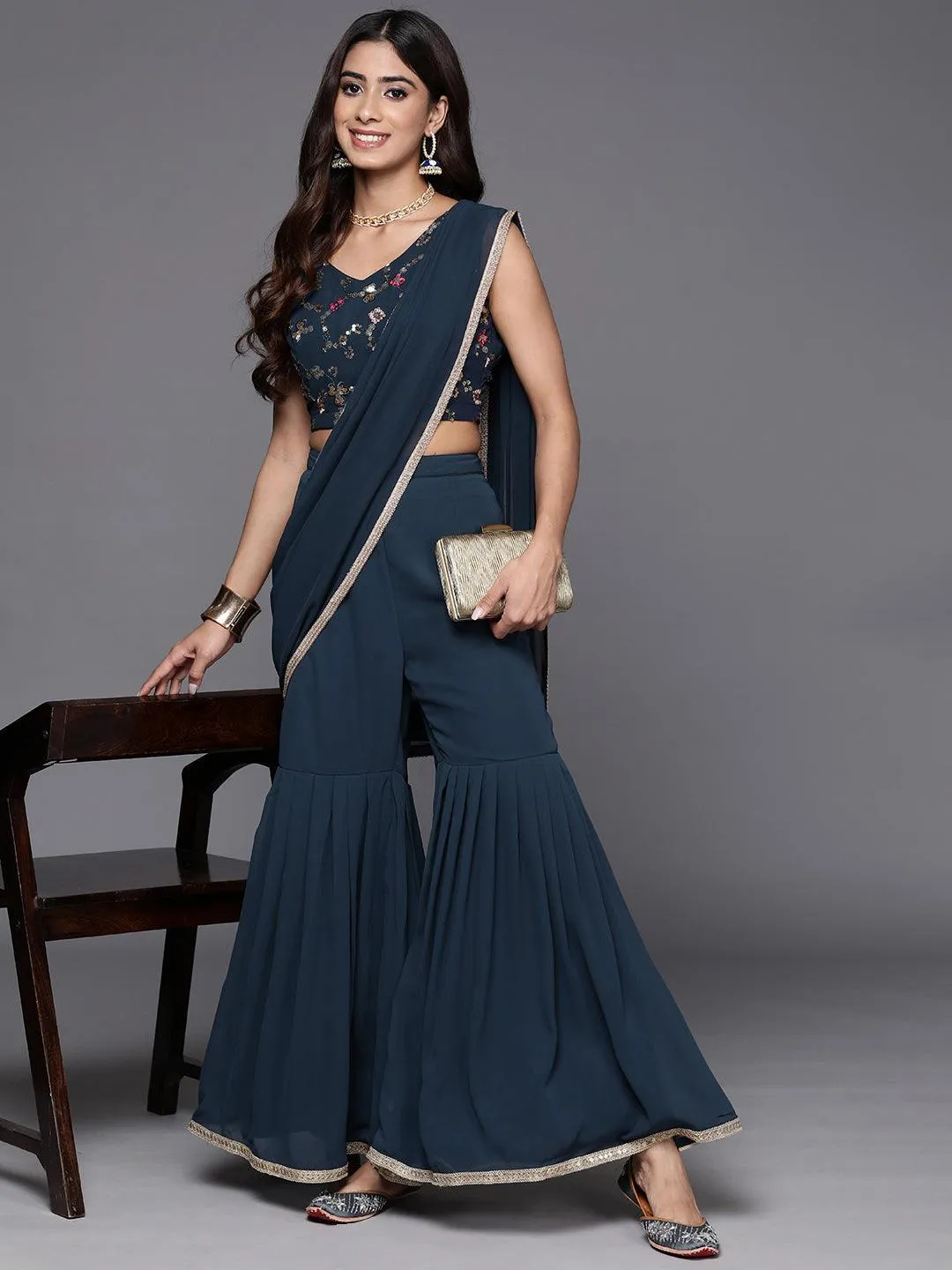 Blue Embellished Georgette Stitched Saree