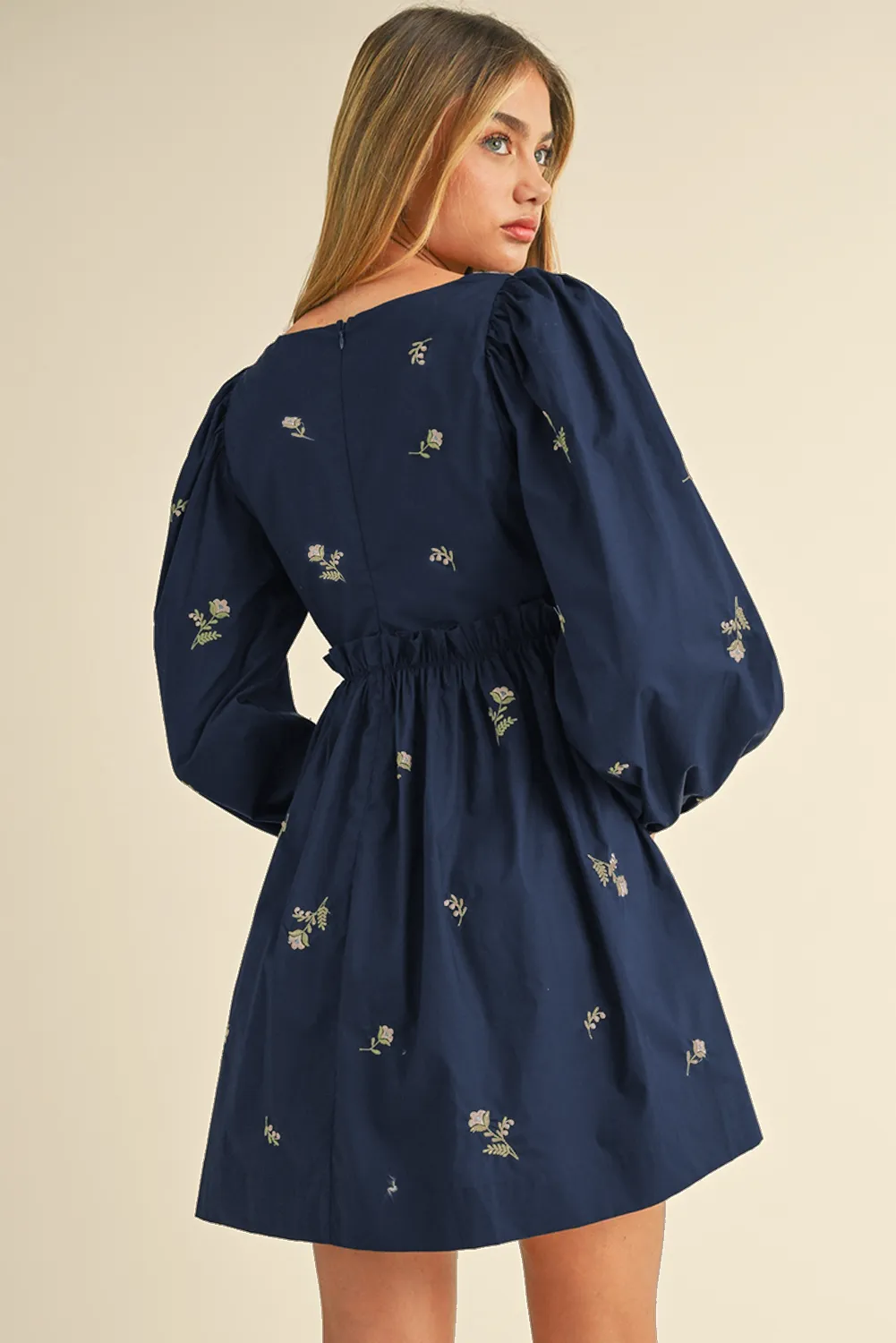 Blue Floral Embroidered Puff Sleeve Babydoll Dress