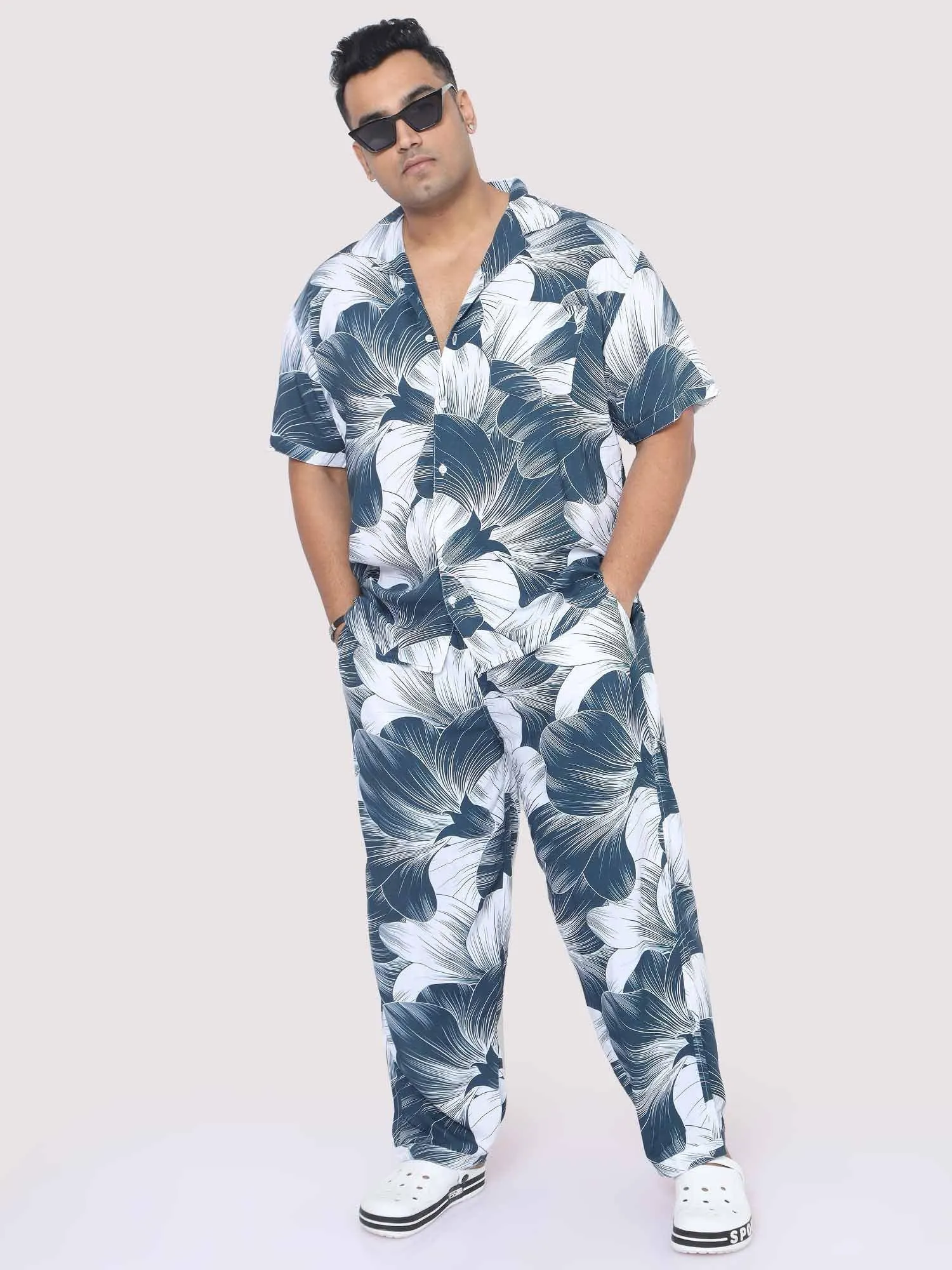 Blue-Grey Big Flower Digital Printed Full Co-Ords Men's Plus Size