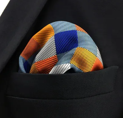 Blue, Orange & Silver Checkered Pocket Square