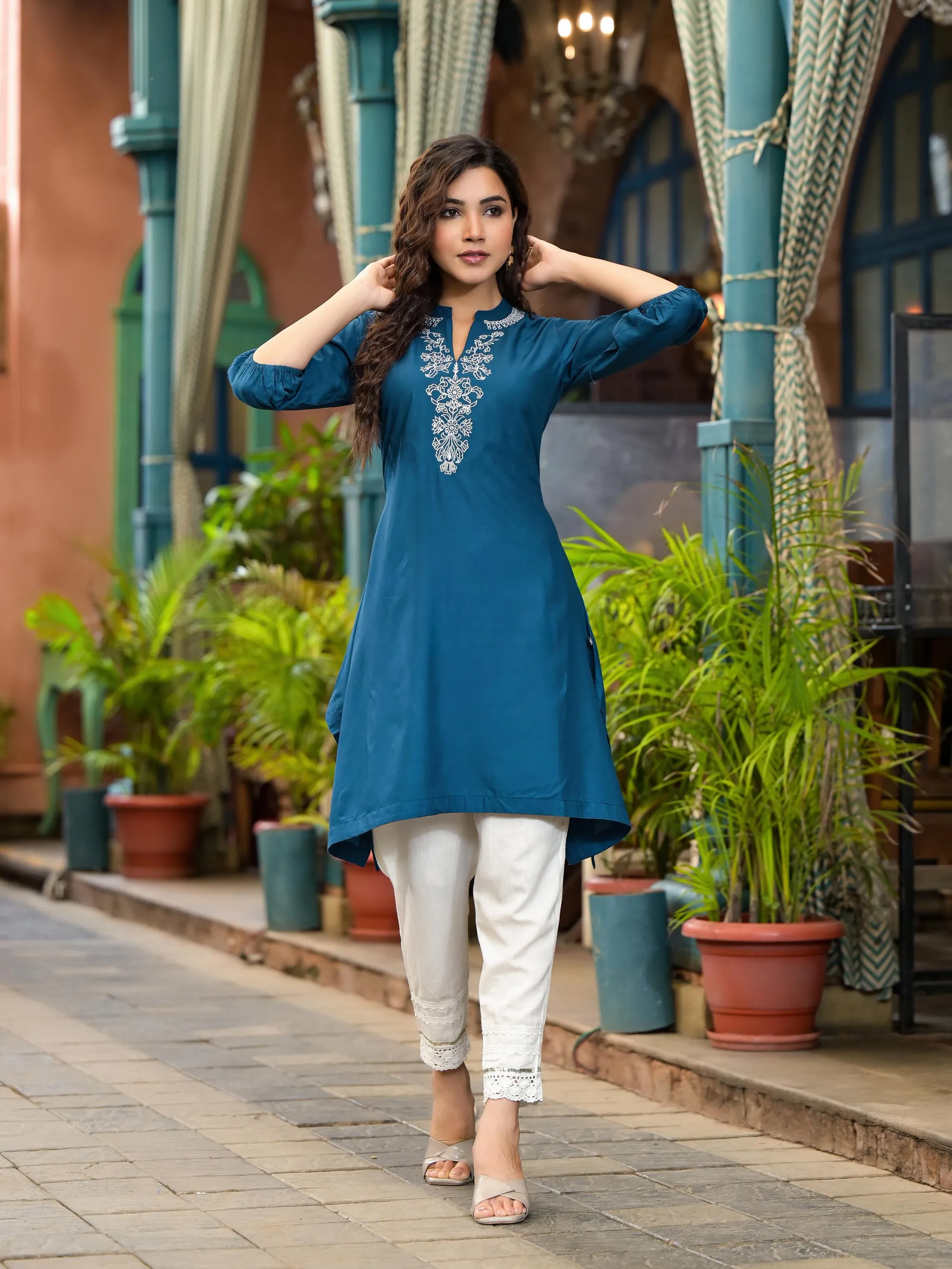 Blue Thread Embroidered Liva Rayon Tunic With Sequins