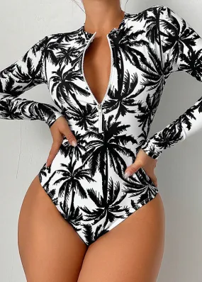 Boho White Print Zippered Bodysuit Swimwear VC018