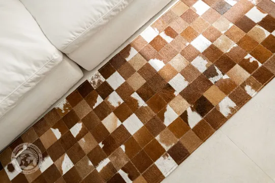 Brown & White - Designer Rugs - Runner - Squares