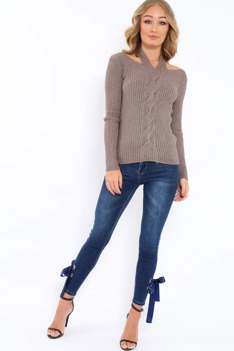 Brown Choker Twist Knit Jumper - Maya