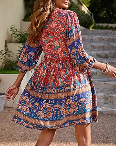 BTFBM Women Casual Spring Summer Dresses V Neck 3/4 Long Sleeve Ruffle Floral Flowy Boho Babydoll Mini Short Beach Dress(Floral Red, X-Large)