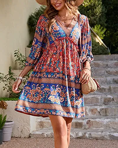 BTFBM Women Casual Spring Summer Dresses V Neck 3/4 Long Sleeve Ruffle Floral Flowy Boho Babydoll Mini Short Beach Dress(Floral Red, X-Large)