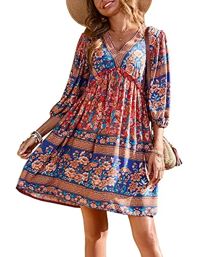 BTFBM Women Casual Spring Summer Dresses V Neck 3/4 Long Sleeve Ruffle Floral Flowy Boho Babydoll Mini Short Beach Dress(Floral Red, X-Large)