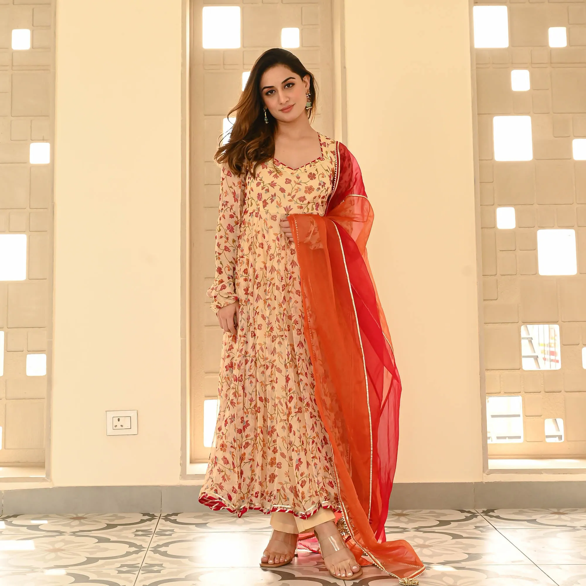 Bunaai Cream Red Floral Suit Set