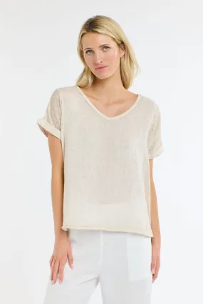 Calypso V-Neck Short Sleeve Beige Linen Top by Love From Italy