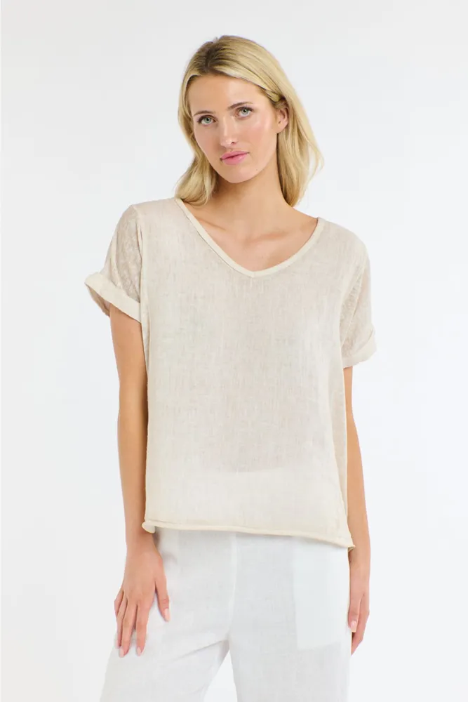 Calypso V-Neck Short Sleeve Beige Linen Top by Love From Italy