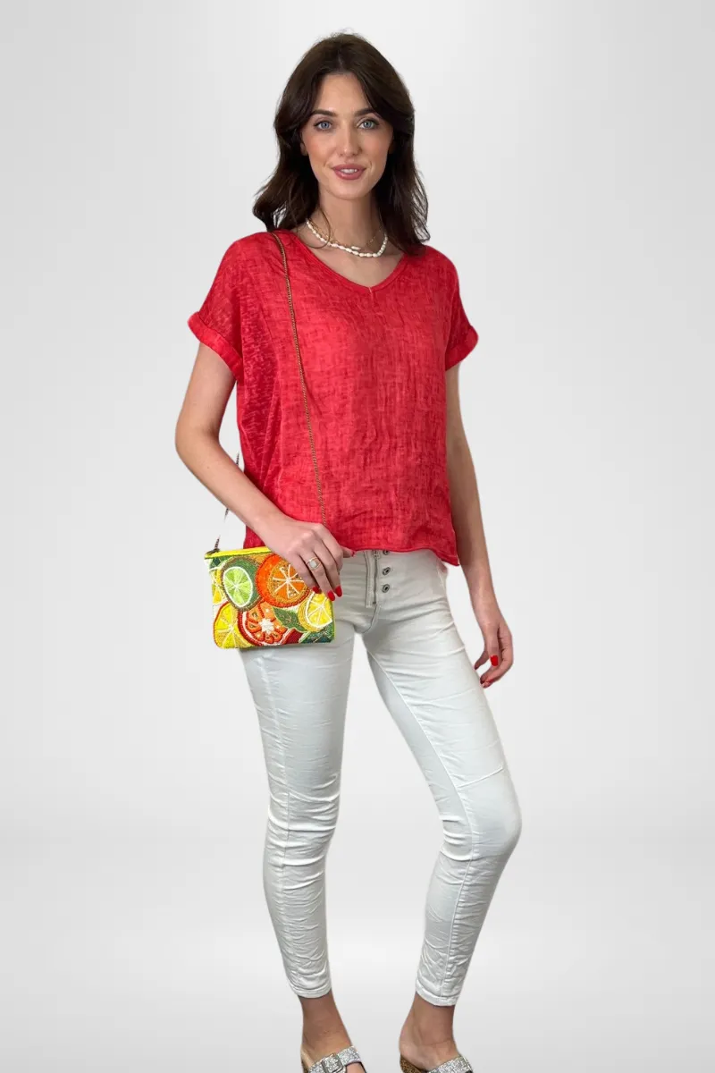 Calypso V-Neck Short Sleeve Red Linen Top By Love From Italy