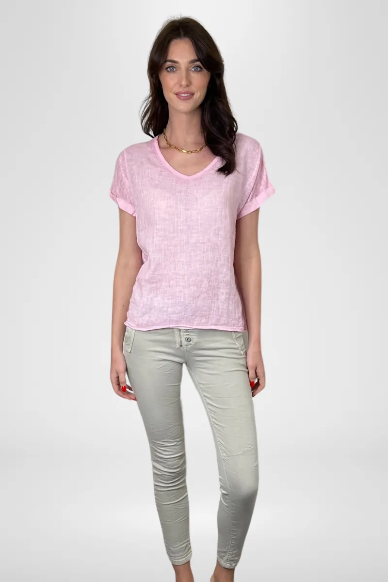 Calypso V-Neck Short Sleeve Soft Pink Linen Top by Love From Italy