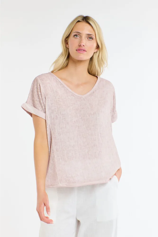 Calypso V-Neck Short Sleeve Soft Pink Linen Top by Love From Italy