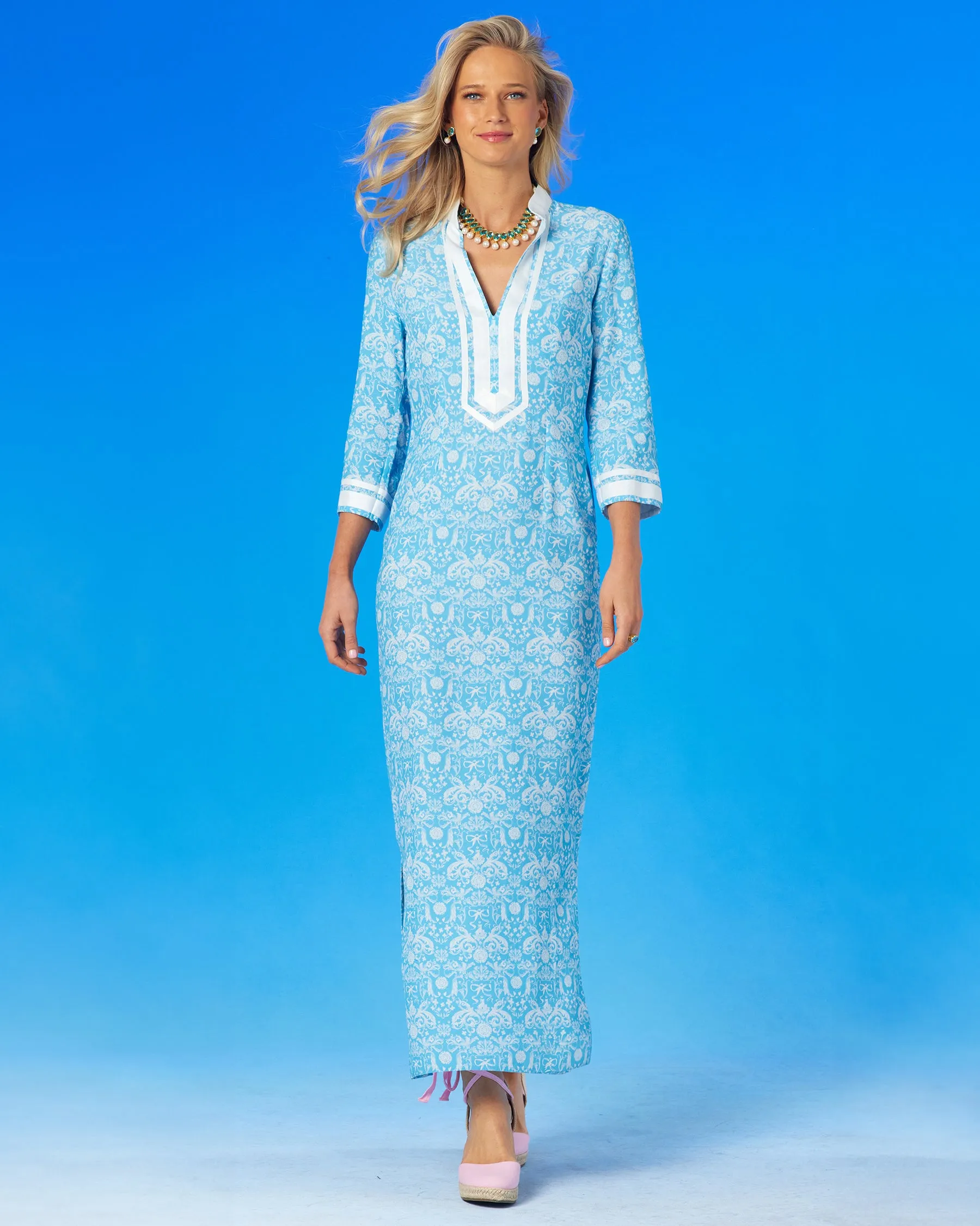 Capri Long Tunic Dress in Regency Porcelain Ribbons