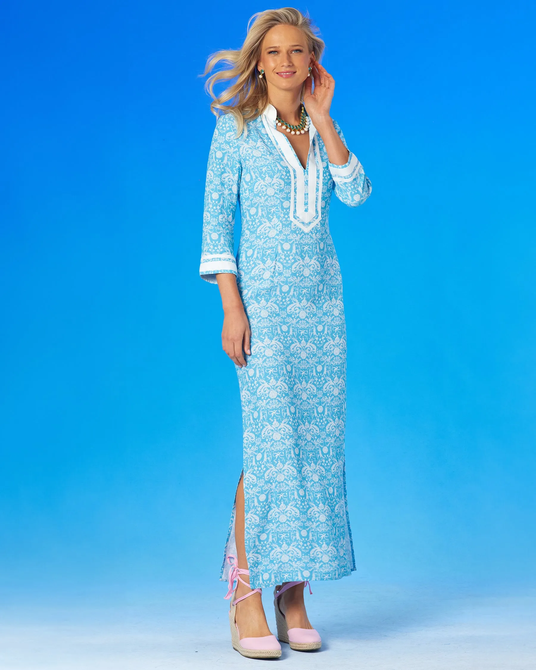 Capri Long Tunic Dress in Regency Porcelain Ribbons