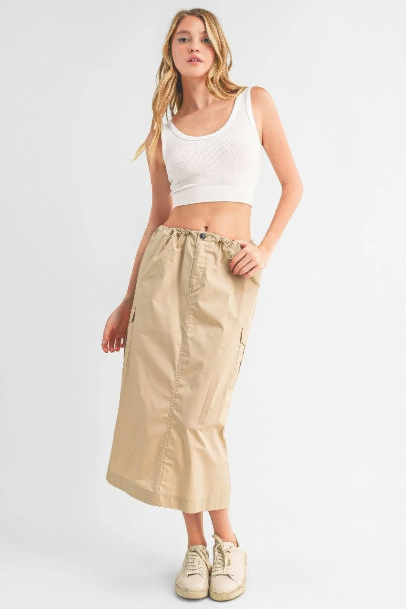 Cargo Drawstring Midi Skirt