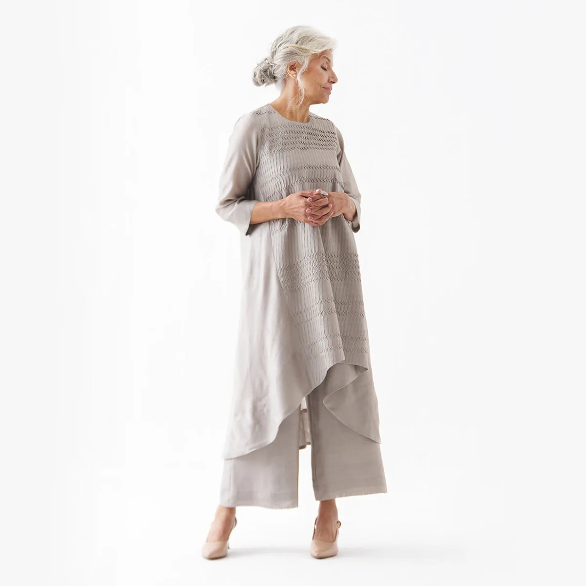 Chanderi Silk Kurta Pant Set | Grey | High-Low Hemline