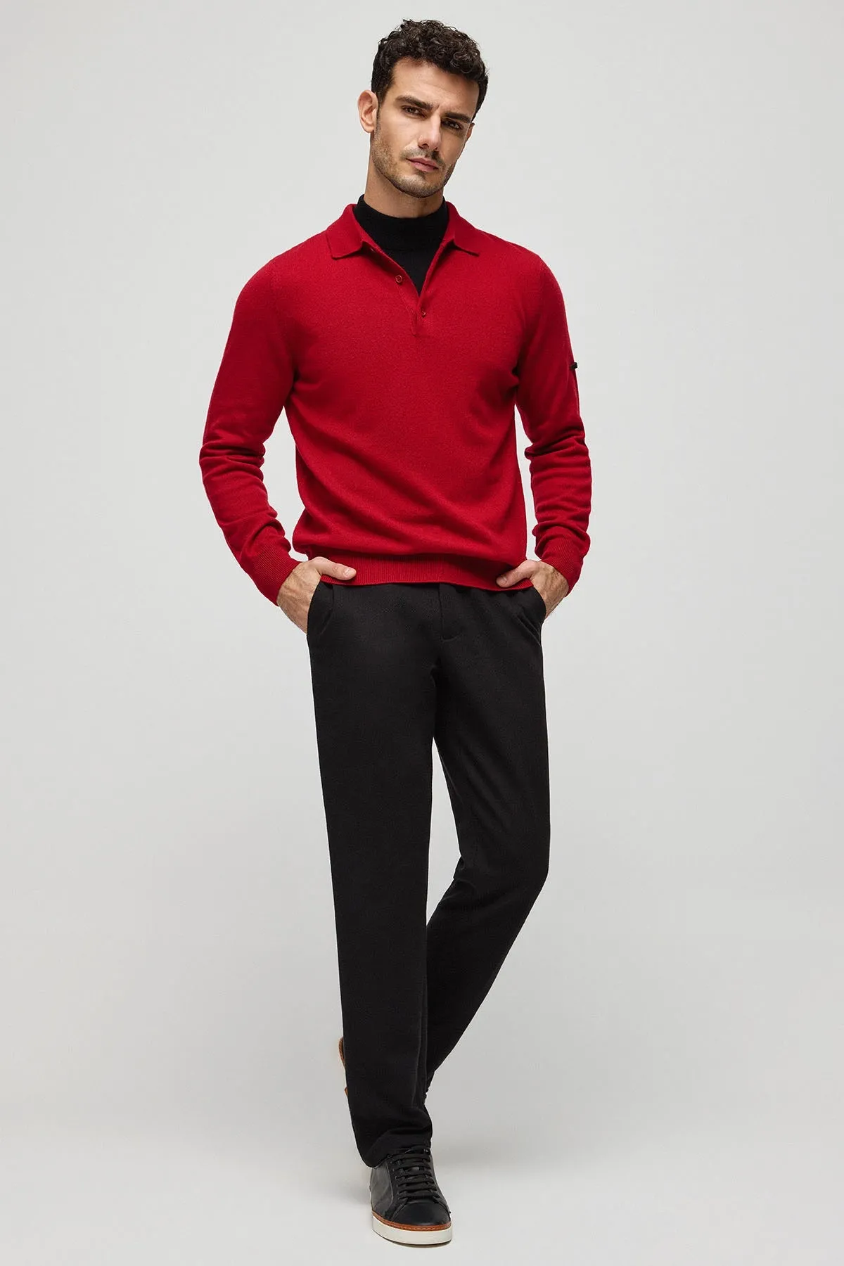 Claret Red Pure Cashmere Men's Polo Sweater