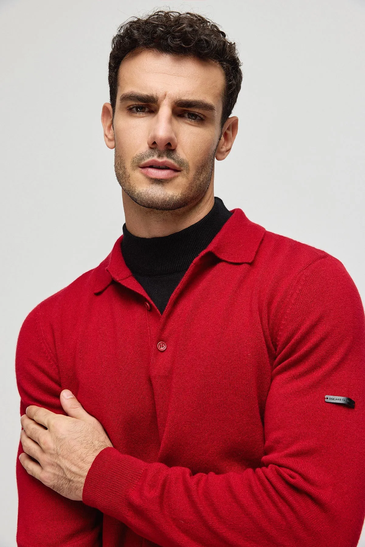 Claret Red Pure Cashmere Men's Polo Sweater