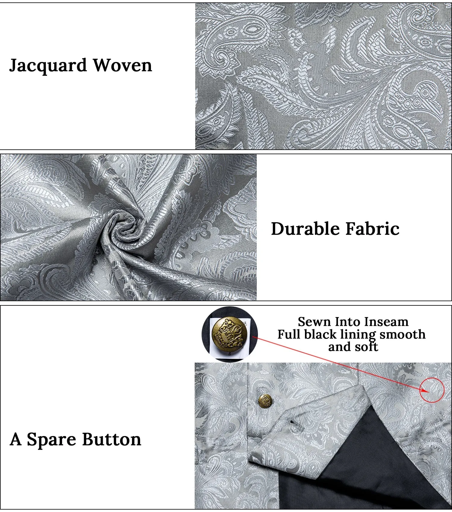 Classic Silver Luxury Paisley Jacquard Men's Collar Vest Tie Hanky Cufflinks Suit Set