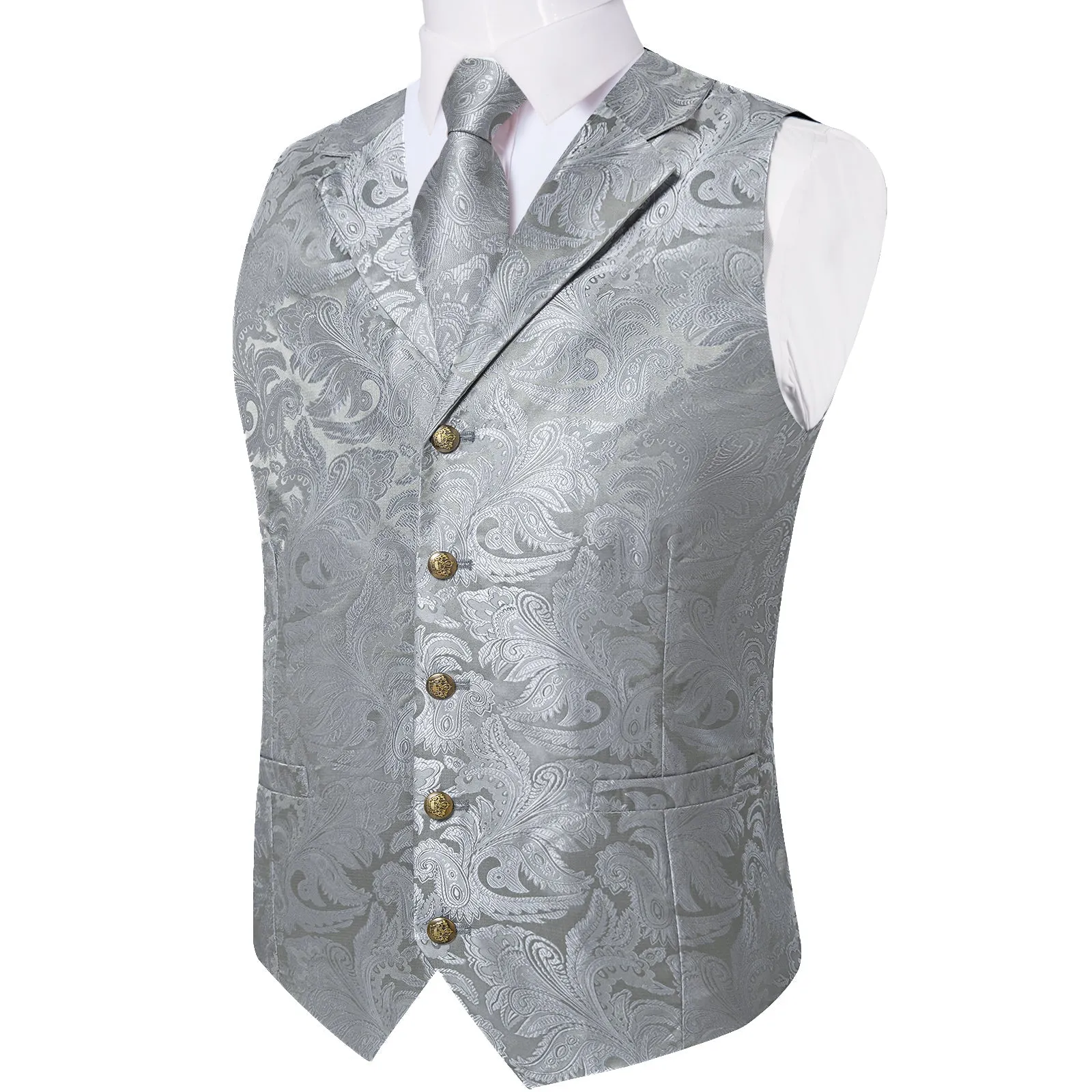 Classic Silver Luxury Paisley Jacquard Men's Collar Vest Tie Hanky Cufflinks Suit Set