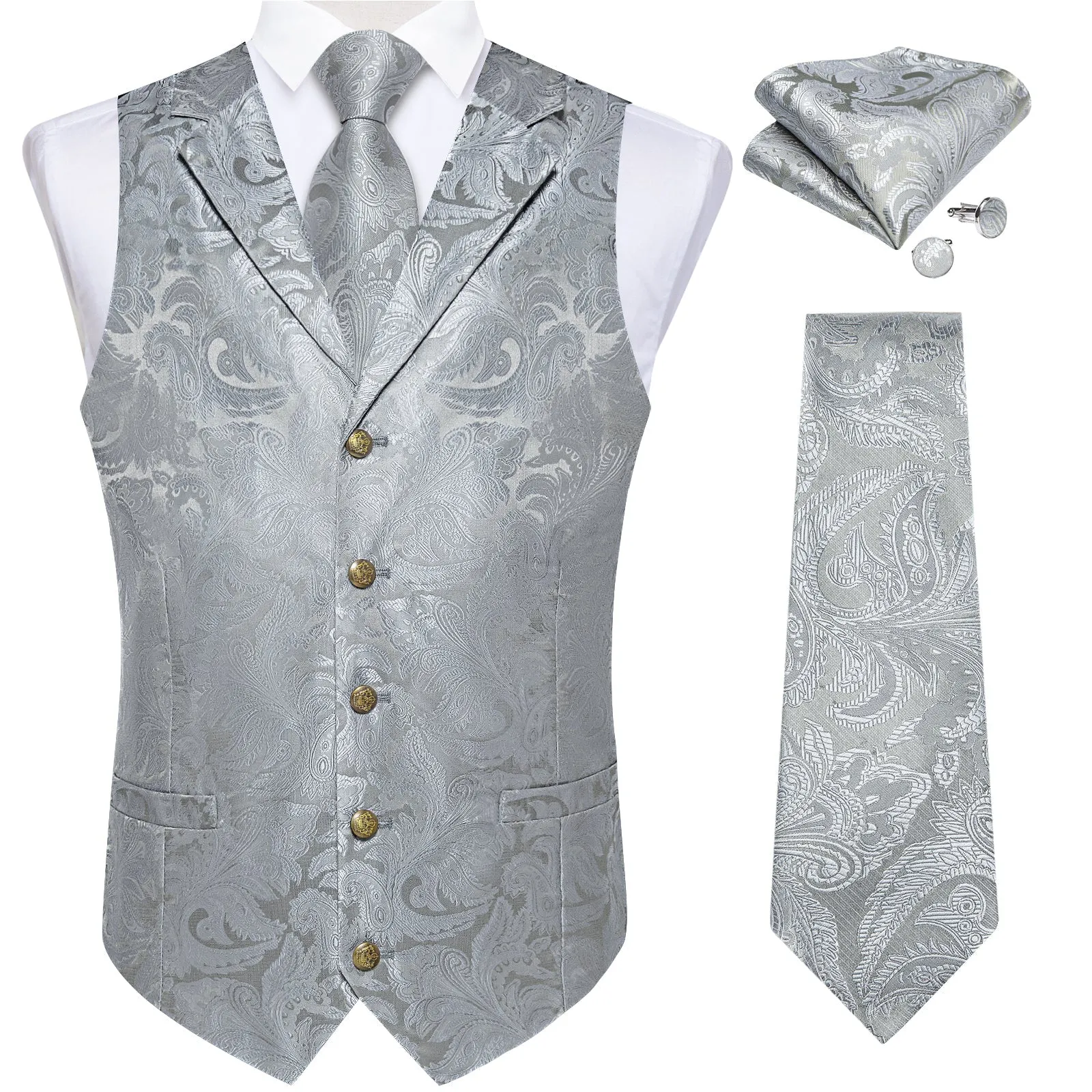 Classic Silver Luxury Paisley Jacquard Men's Collar Vest Tie Hanky Cufflinks Suit Set