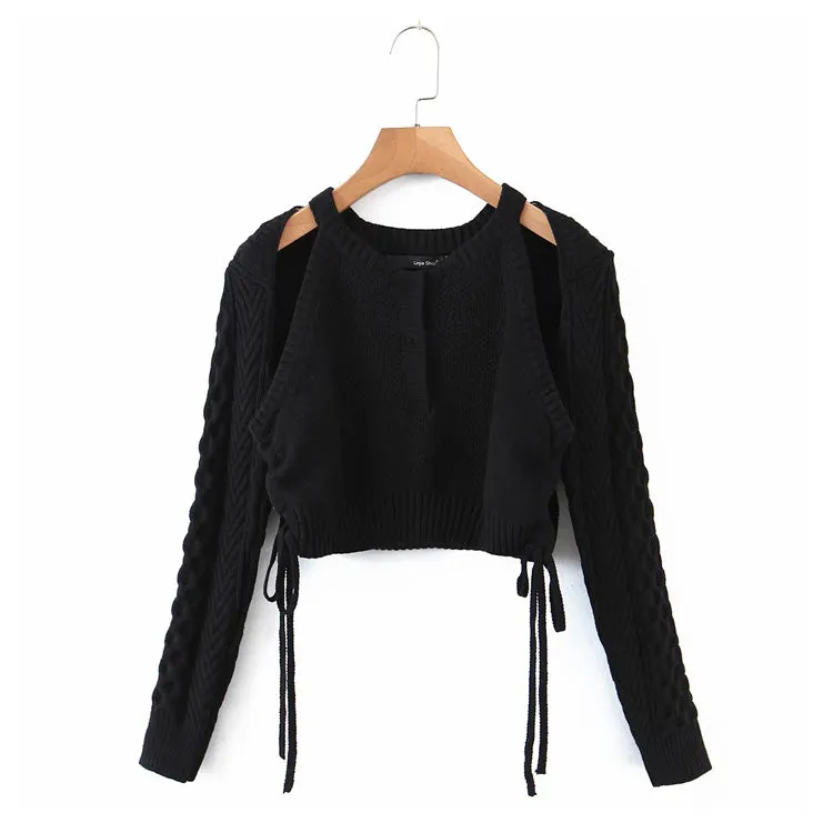 Collarbone hollow long sleeve knitted sweater  7234