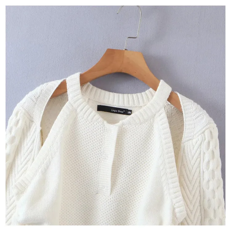 Collarbone hollow long sleeve knitted sweater  7234