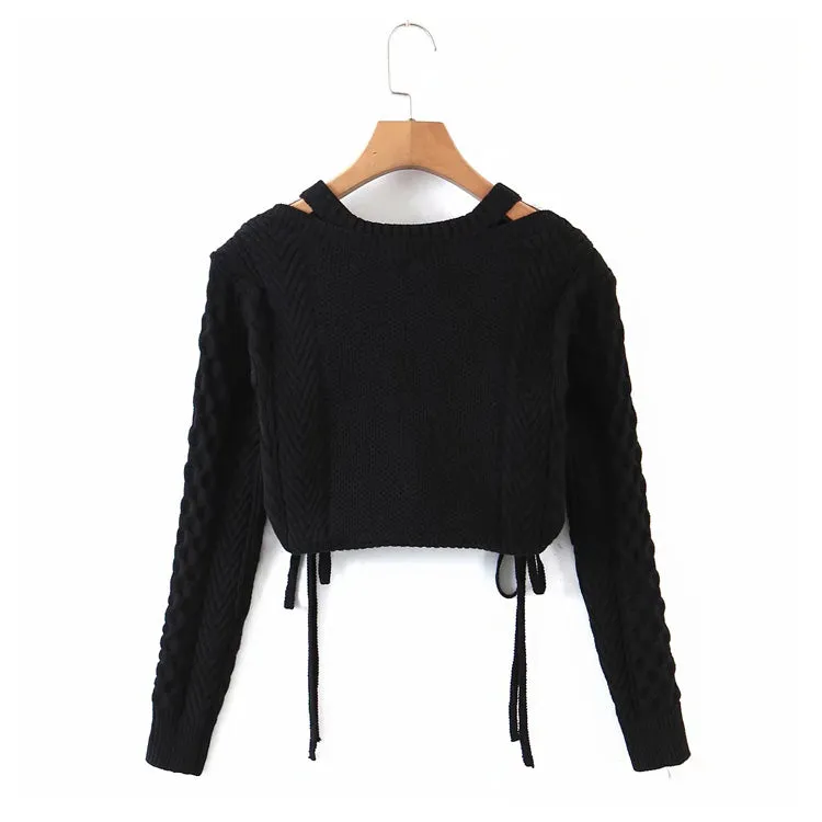 Collarbone hollow long sleeve knitted sweater  7234